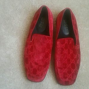 Vintage Gucci GG Monogram Red Velvet Loafers